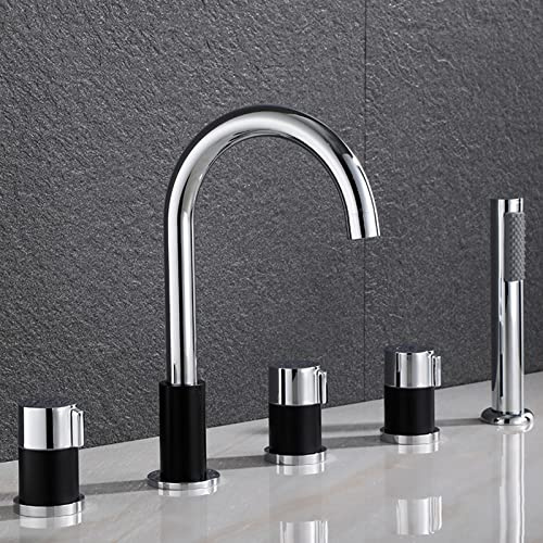 Badewanne Wannenrandarmatur 5 Loch Set Wannenarmatur mit Herausziehbarem Handbrause Bad Dusche Badezimmer Armatur Badewannenarmatur Chrom+Schwarz