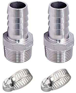 Pysrych Stainless Steel 304 Hose Barb Fitting, 3/4 Barbed x 1/2 NPT Male Straight Adapter Connector with 2 Hose Clamps, Pack of 2