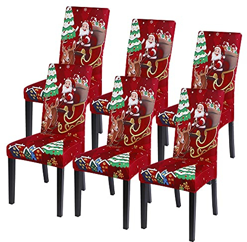 SearchI 4/6 PCS Weihnachtlich Stuhlhussen Stretch Weihnachten Stuhlbezug Universal Festlich Chair Cover Moderne Xmas Stulabdeckung Esszimmer Partys Bankett Beschütze (Weihnachtsschlitten, 6PCS)