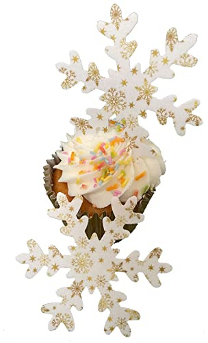 Top That 10 XL Precut Edible Wafer Paper Gold snowflake patterned Christmas Snowflakes Cake Toppers - Perfect for Christmas Cupcakes, larger cakes or Table Decorations