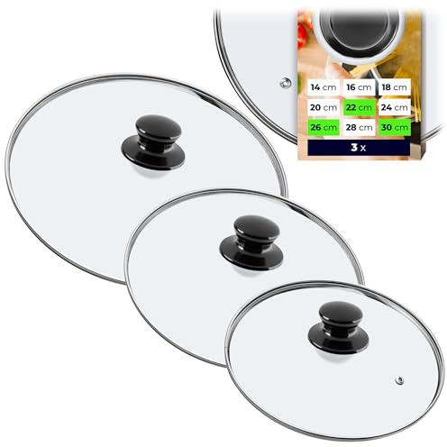 KADAX Lot de 3 couvercles en verre pour casserole et poêle Ø 22/26/30 cm, résistants à la chaleur, poignée noire, pour cuisiner et rôtir, contrôle visuel lors de la cuisson