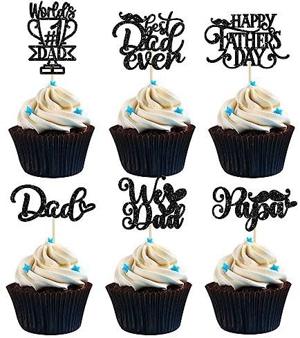 36Pcs Happy Father's Day Cupcake Toppers Black Glitter Best Dad Ever #1 Dad Love Papa Cake Pick Decorations for Happy Father's Day Dad Birthday Theme Party Supplies