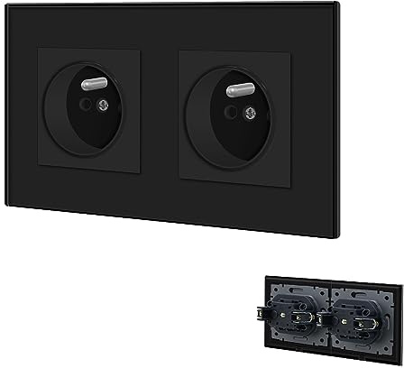BSEED Prise Murale,Prises electriques Standard avec des griffes,16A 110-250V Double Prise de Courant Alternatif avec Panneau en Verre Cristal,Prise Encastrable, pour Bureau à Domicile(2 Prise,Noir)