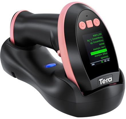 Tera Kabelloser 2D-Barcode-Scanner: mit digitalem Einstellungsbildschirm und Tastatur, funktioniert mit Bluetooth und 2,4 G kabellos und USB-verdrahtet, 1D 2D QR Hand-Barcodeleser mit Halterung für