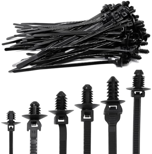 SWZHAI 60 PCS Push Mount Zip Ties, Nylon Car Mount Wire Tie Snap in Cable Zip Ties, Black Push Mount Cable Ties Automotive Zips Tie Fastener Wire Harness Clips for Wire Tying (6-Types)