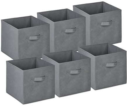 Relaxdays Aufbewahrungsbox, 19 l, Ordnungsbox aus Stoff, 6er-Set, HBT 26,5x28x28cm, Faltbarer Regalkorb, Griff, hellgrau