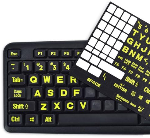 Universeller Tastatur-Aufkleber für PC, Computer, Laptop, Desktop, Notebook, Tastaturen, leuchtend gelbe Schrift, schwarzer Hintergrund, Ersatz-Tastatur-Aufkleber