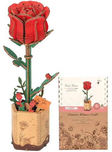 ROBOTIME 3D Holzpuzzle Künstliche Blumen Modellbausätze für Erwachsene zum Bauen, Kreative Wohnkultur, Accessoires Wohnzimmer, Geschenke für Frauen am Valentinstag, Blumenstrauß (Rote Rosen)