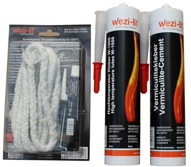 Ofenschnur Ø 8mm 2m + Schnurkleber + Ofen-Dichtmasse W-1000 + Vermiculitekleber hitzebeständig bis 1000°