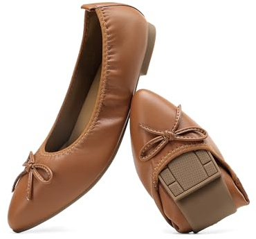 DREAM PARIRS Vikbara platta skor med spetsig tå balettskor rosett komfort slip-on finskor, Brun, 37.5 EU