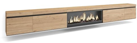 Skraut Home | TV-Schrank, Lowboard | für Wohnzimmer und Esszimmer | 368x45x35 | Elektrokamin XXL | Hängend | Moderner Stil | Eiche