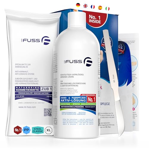 Mr. Fuss® No. 1 - Plus Pack Steel Classic Fußpflege Hornhautentferner Nagelhautentferner Sparpaket 3 tlg., Aktiv-Lösung Schnell & Stark Erweichend - Standard, 200 ml, Watte, Hornhautschaber