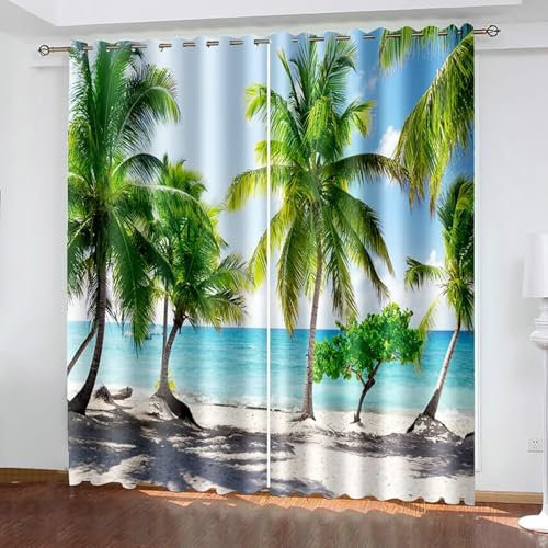 Beydodo Blickdichte Gardinen mit Ösen 2er Set 234x229CM, Verdunkelungsvorhänge Landschaft Blauer Himmel Strand Kokospalmen Gardinen Jugendzimmer Kinderzimmer Schlafzimmer
