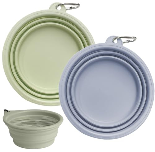 ZOKJSW 2 pcs Zusammenklappbarer Reisenapf Tragbarer Hundenapf Aus Silikon Mit Deckel Und Haken (350Ml) Geeignet Für Katzen Und Hunde Auf Reisen, Beim Wandern Und Camping(Blau und Grün)