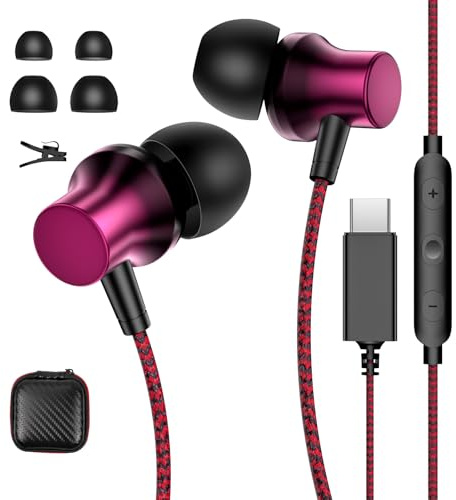Écouteurs USB C pour iPhone 16e 15 Pro Max Galaxy A56 A55 A36 A35 A54 5G,Magnétique Type C Casque avec Câble et Microphone Stéréo HiFi Filaire pour Samsung S25 S24 iPad Pixel 9a 8 Mi Poco X7 Pro,Rouge