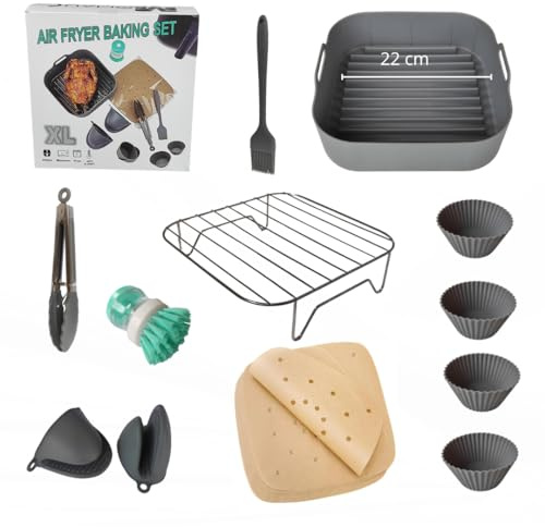 Utensilios freidora de aire 8 Acessórios air fryer. Incluye Molde freidora de aire 22 cm Papel para air fryer Brocha Guantes Pinzas freidora de aire 4 Moldes muffins y rejilla airfryer. Pack gris.