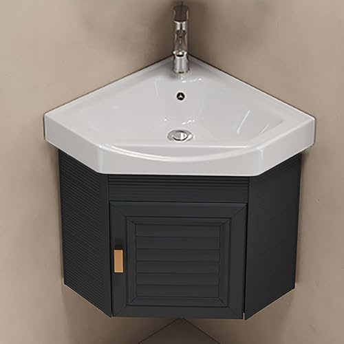 Lavabo esquinero de baño, tocador montado en la pared con contenedor de almacenamiento, gabinete flotante compacto para soluciones de ahorro de espacio
