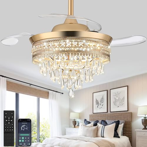 Quite Crystal Ceiling Fans with Lights and Remote Dimmable LED Ceiling Fan Bladeless Modern Crystal Chandelier Ceiling Fan for Bedroom Living Room Dining Room Fan Light with Reversible and 6 Speeds