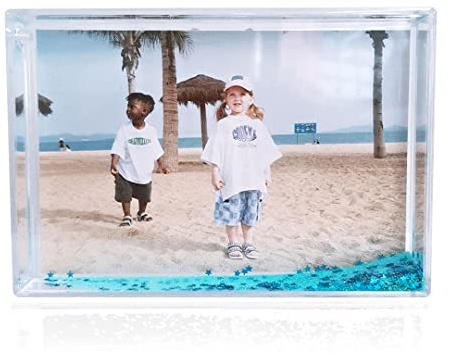 SH.DREAM Glitter Photo Frame 4x6 inch with Blue Star Picture Frame Liquid Best Friends Acrylic Floating Water Personalized Photo Frame Cute Family Couple Custom Gift