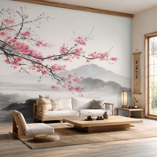 Générique Papier Peint Panoramique Fleur de Cerisier 280x200, Tapisserie Murales Papier Peint Peinture a l'Encre Montagne Japonais Décoration Murale Salon, Intissé Wallpaper W&39