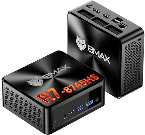 BMAX B8APro Mini PC Win 11Pro, AMD Ryzen 7 8745HS (hasta 4.9GHz) 16GB RAM DDR5 512GB NVMe SSD, Mini Ordenador, Radeon 780M, 8K@60Hz Triple Pantalla/Type-C/HDMI/2.5G LAN WiFi6 BT5.2 para Oficina, Jugar
