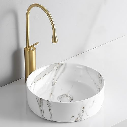 ZYCDP Lavandino Bagno Ceramica Lavabo da Appoggio Rotondo in Marmo 360 X 360 X 120 mm Bianco