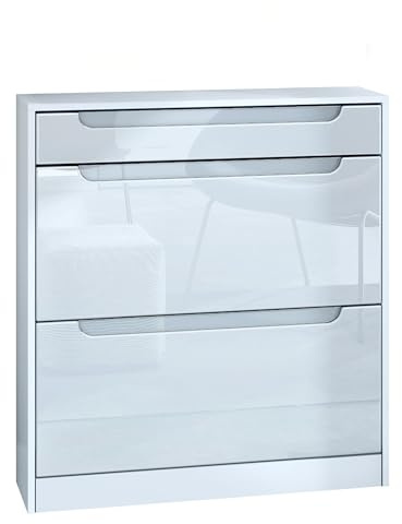 InnoFurn Schuhschrank Venezia Schmal mit 2 Klappen und 1 Schublade, Platzsparender Schuhkipper Flurschrank für Diele Flur Garderobe, Weiß Hochglanz (89 x 95,5 x 23 cm)