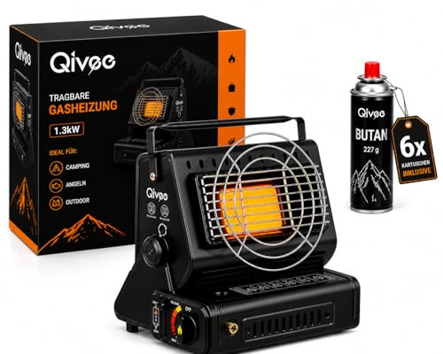 Qivee 2-in-1 Gasheizung Camping, Tragbarer Gasheizer mit Kochfunktion, 1,7 kW Butan Keramik Heizstrahler, Stufenlose Temperaturregelung, Outdoor Indoor Heizgerät, Schwarz + 6 Gaskartuschen