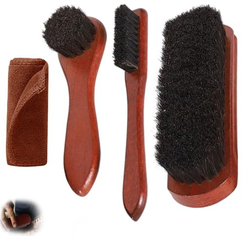 3 Stück Rosshaarbürste 100% Schuhbürste, Schuhbürstenset Buchenholz Lederpflege Set Wildleder Sneaker Reinigungsset, Glanzbürste mit Poliertampons für Schuhe Sneaker Stiefel