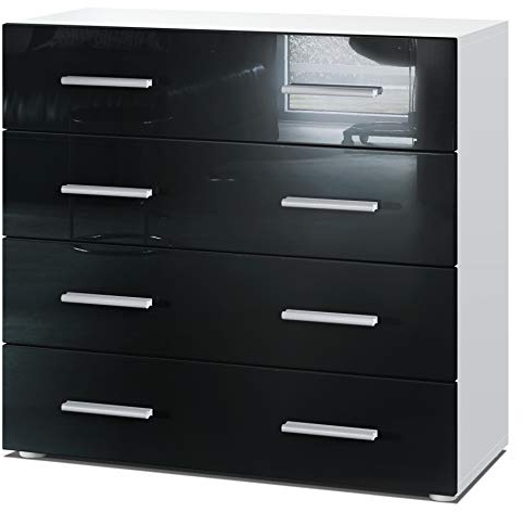 Vladon Sideboard Pavos, Kommode mit 4 Schubladen, Weiß matt/Schwarz Hochglanz (76 x 72 x 35 cm)