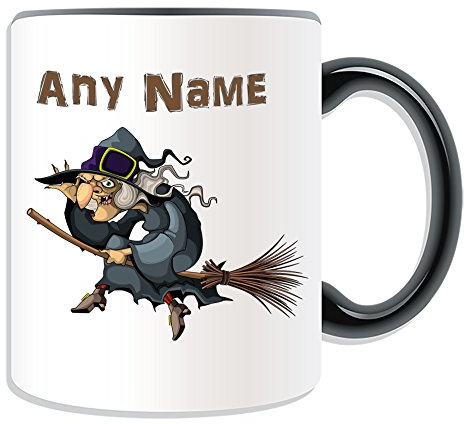 Tasse mit Aufschrift Hexe auf Besen, personalisierbar, Motiv: Feenmotiv, Farboptionen, personalisierbar
