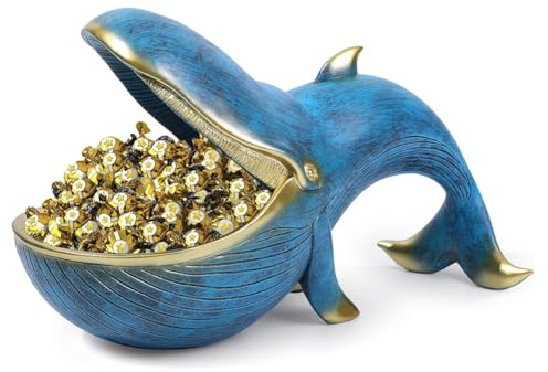 Asyduey Whale Statue, Resin Whale Figurine Fun Candy Dish Key Bowl for Entryway Table, Big Mouth Sculpture Table Easy to Use Navy Blue