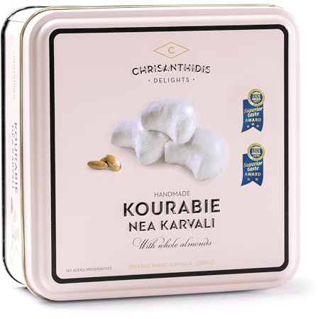 Chrisanthidis Delights Kourabie di Pasta Frolla Tradizionale Greca con Mandorle in Scatola di Metallo, 450 g
