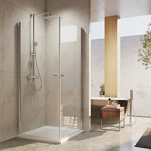 EMKE Duschkabine 80 x 80 Eckeinstieg Duschabtrennung Glas Doppelt Schwingtür Duschtür Nische Pendeltür Duschwand für Dusche Duschkabinen Dusche Falttür 185cm