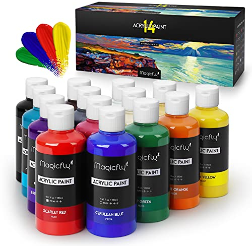 Magicfly Acrylfarben Set, 14 Farbe Acrylfarbe Wasserfest je Flaschen 280 ml, Hohe Pigmentierung, Ideal für Aussen, Leinwand, Papier, Holz, Stein, Keramik, Modell