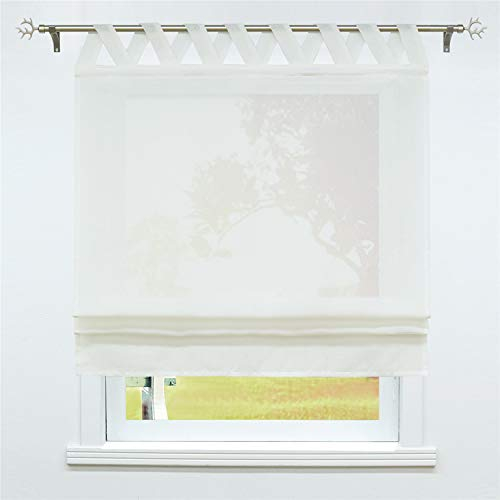 SCHOAL Raffrollo mit Schlaufen Halbtransparente Raffgardine Landhaus Schlaufenrollo Gardinen Leinen 1 Stück BxH 120x140cm Weiß