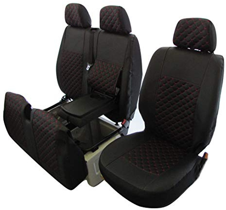 Texmar Passend für Fiat Ducato, Citroen, Jumper, Peugeot Boxer 2006–2020, LHD, Öko-Leder, rote Gewinde-Sitzbezüge 2 + 1