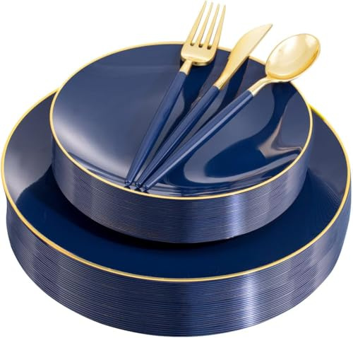 Liacere 150PCS Blue Plastic Plates - Gold Plastic Silverware with Blue Handle - Navy Disposable Plates Include 30 Guests Plates,Forks,Spoons,Knives for Party & Graduation & Memorial Day