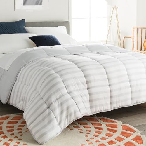 Linenspa Edredón nórdico de microfibra – relleno nórdico 4 estaciones – ultra suave – Edredon Cama 150 (220 x 240 cm), Gris / Rayas Blancas