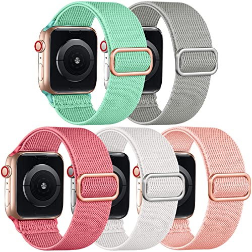 Adorve 5-pack stretchiga Solo Loop-band kompatibla med Apple Watch Band 38 mm 40 mm 42 mm 44 mm 41 mm 45 mm för kvinnor män, mjuka elastiska flätade ersättningsremmar i nylon för iWatch SE serie 7/6/5