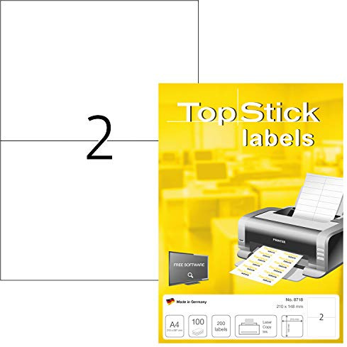 TopStick 8718 Universal Etiketten, 1000 Blatt, 210 x 148 mm, 2 pro A4 Bogen, 2000 Stück, selbstklebend, bedruckbar, matt, blanko Papier Klebeetiketten Aufkleber, weiß