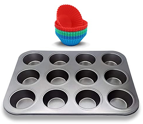 EUROXANTY Pack Molde + Silicona | Molde para Muffins | Bandeja para hornear | Acero al Carbono | Antiadherente | Con Papel para Magdalenas | Molde de 12 + 12 Silicona