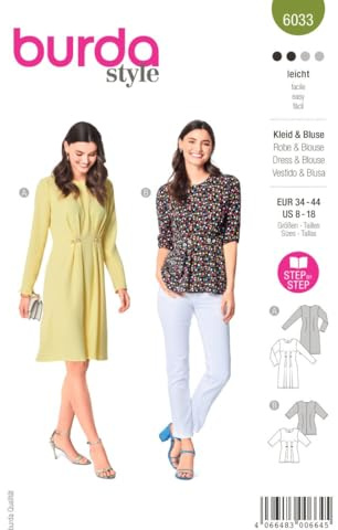 Burda Style Katalog-Schnittmuster Midikleid und Bluse mit Knöpfen | Damen, Gr. 34-44 | Nählevel: Leicht #6033