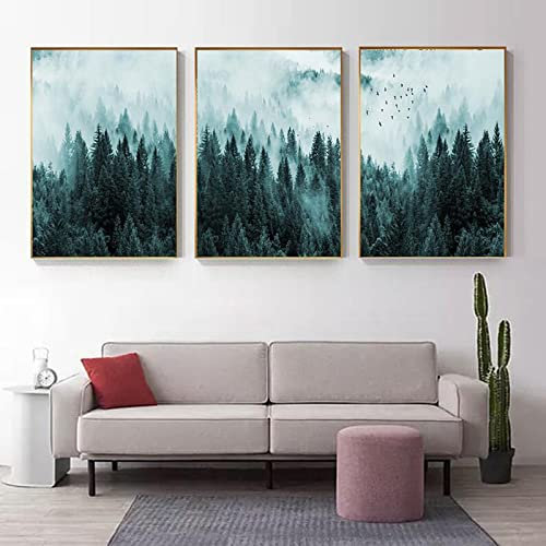 Art mural minimaliste forêt de pins brumeux peinture sur toile paysage sombre arbre brumeux affiches et impressions photo décor à la maison 60x80cm(24x31in) x3 sans cadre