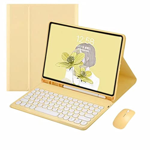 QYiiD Funda con Teclado Mouse para iPad Mini 5 2019, Funda Ultrafino con Español Ñ Teclado Lindo Redondo Color Bluetooth Compatible con 7.9 Pulgadas iPad Mini 5/4/3/2/1, Amarillo