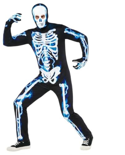 Morph Elektrisk Skelettkostym Herr - Svart Jumpsuit med Dödskalle-Huva & Skeletthandskar för Vuxna Herrar