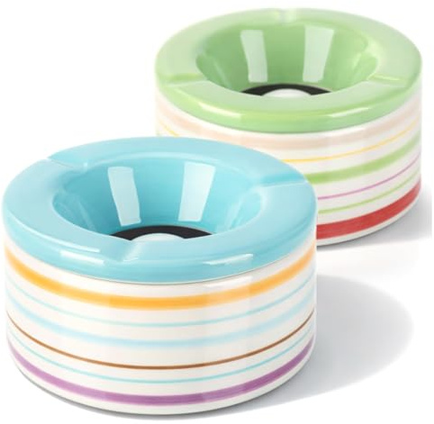 com-four® 2x ceniceros de viento hechos de cerámica dolomita - ceniceros de tormenta resistentes a la intemperie con rayas de colores - ceniceros de mesa grandes con tapa (02 piezas 12cm verde azul)