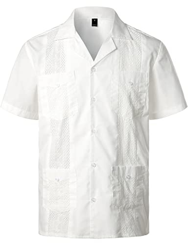Chahuer Chemise Estivale à Manches Courtes Cubaine Guayabera De Couleur Unie avec Poches Multiples Surdimensionnées Et Broderies Florales pour Hommes Blanc XL