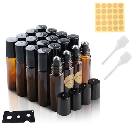 TECDW Roll on Aceites Esenciales 10ml, 20 pcs Roll On Rellenable con Roll-on Bola de Acero Inoxidable, Essential Oil Bottle, Marrón Botellas Roll On Cristal para Perfumes, Masajes, Aromaterapia