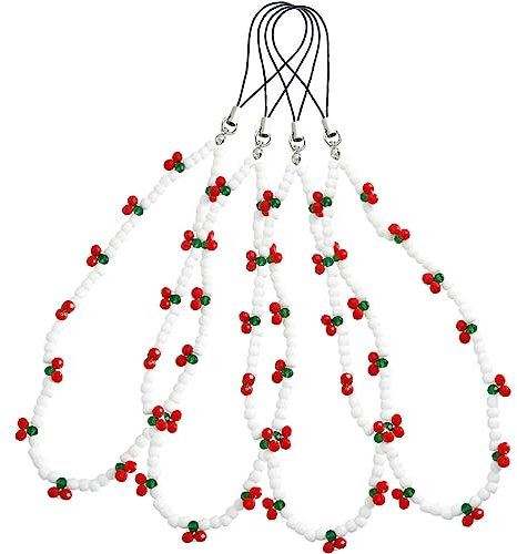 Hemobllo 4pcs Mobile Phone Cherry Chain Cherry Decorations Wrist Lanyard White Decor Phone Chains Pearl Lanyard Cute Charm Alloy White Decor Beaded Wrist Strap Strap
